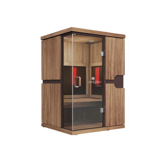  Close up view of the full-spectrum infrared sauna with premium wood finish. Model (Aspire), 1 person capacity. Sunlighten - mPulse Smart Infra Red Sauna